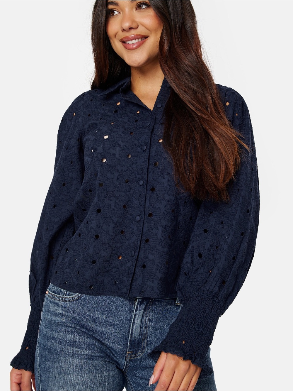 YAS Eyelet Button-Up Blouse Organic Cotton Navy Small
